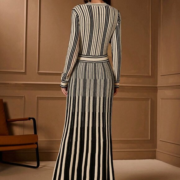 Multicolor Long Sleeve Waist Cinched Women's Sweater Dress - Picture 3 of 9